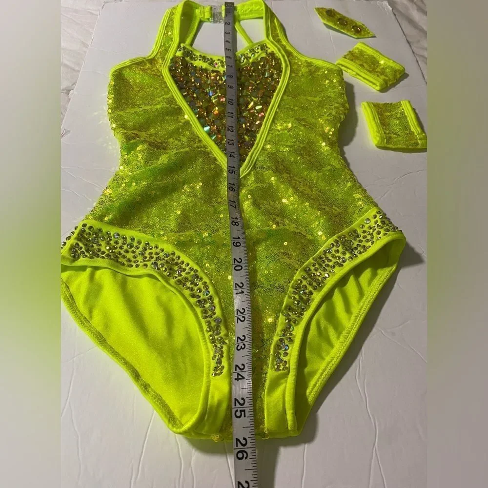 Rare Glamour Competition Solo Costume Neon Lime green Crystal Jazz Open SA adult